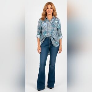 Chico's Teal and Navy Paisley Button Up EUC Sz3 = L